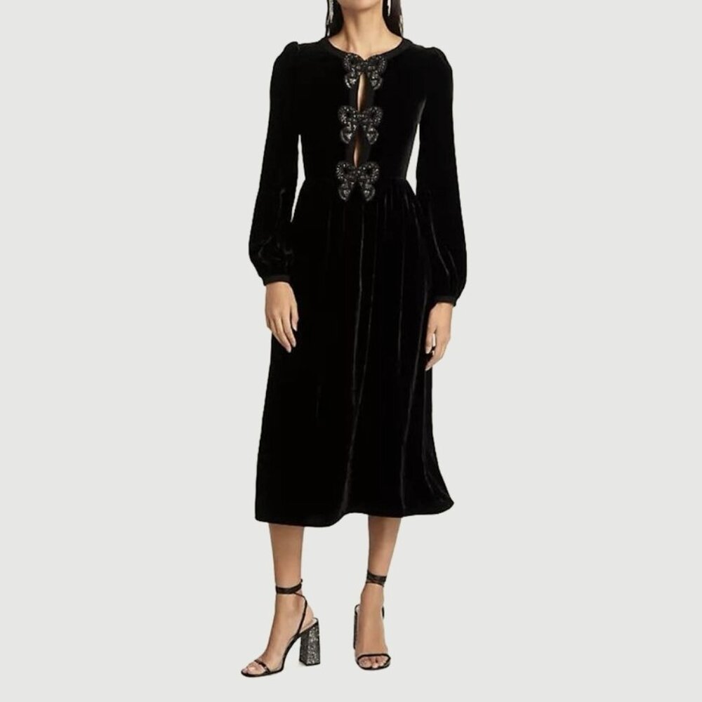 Saloni Camille Bow Embellished Velvet Midi Dress
